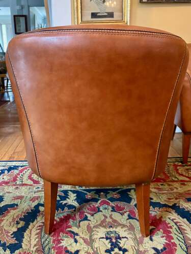 Mid-Century French, Cognac Leather Loveseat + Pair of Barrel Chairs