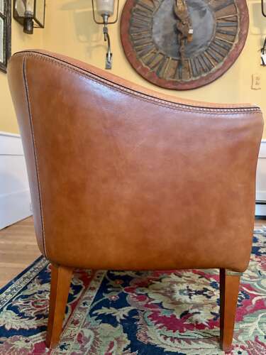 Mid-Century French, Cognac Leather Loveseat + Pair of Barrel Chairs