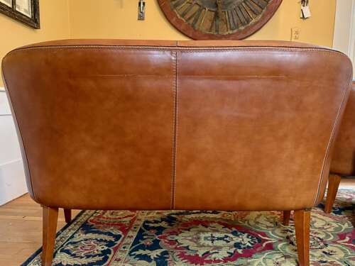 Mid-Century French, Cognac Leather Loveseat + Pair of Barrel Chairs