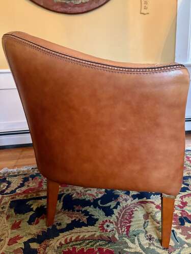 Mid-Century French, Cognac Leather Loveseat + Pair of Barrel Chairs