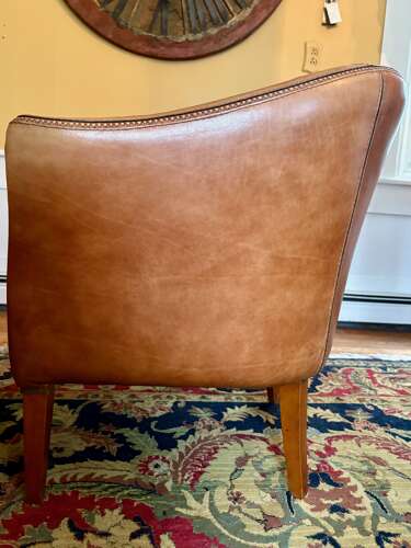 Mid-Century French, Cognac Leather Loveseat + Pair of Barrel Chairs